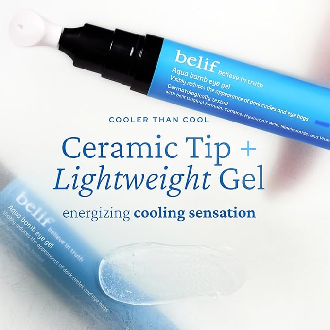 belif Aqua Bomb Cooling Eye Gel - Caffeine & Hyaluronic Acid for Puffiness & Hydration, Niacinamide & Vitamin C for Dark Circles, Adenosine & Collagen for Plumping & Firming, Korean Skin Care