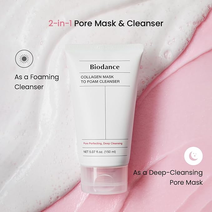 BIODANCE Collagen Mask To Foam Cleanser, Pink Face Wash for Women, 2-in-1 Pore Mask and Hydrating Foaming Facial Cleanser for Sensitive Skin, Oily Skin, Korean Skincareㅣ5.07 fl. oz. (150 ml)