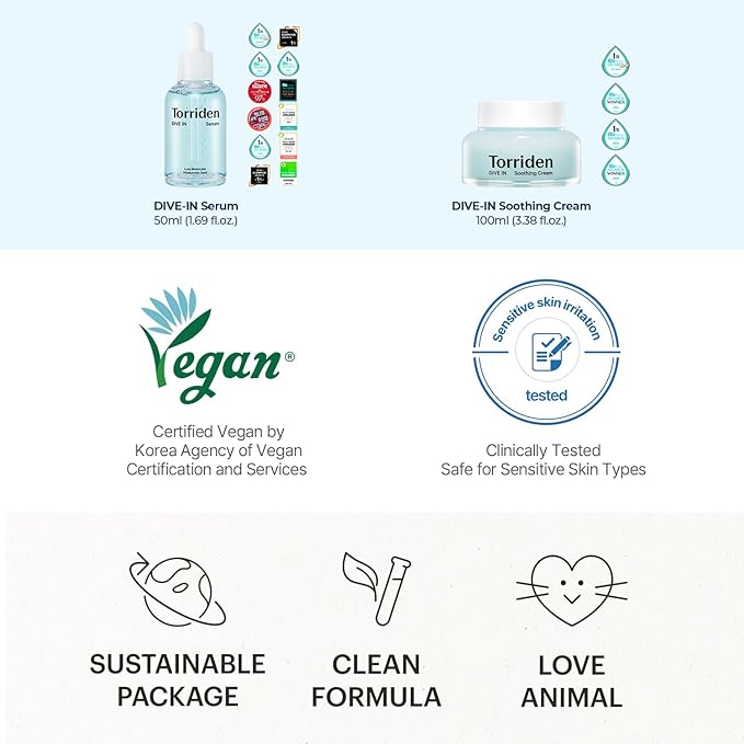 Torriden DIVE IN Serum 1.69 fl.oz. + Soothing Cream (Jar) 3.38 fl.oz. | Hyaluronic Acid Care Set | Deep Hydrating Skin Care to Get Glass Skin