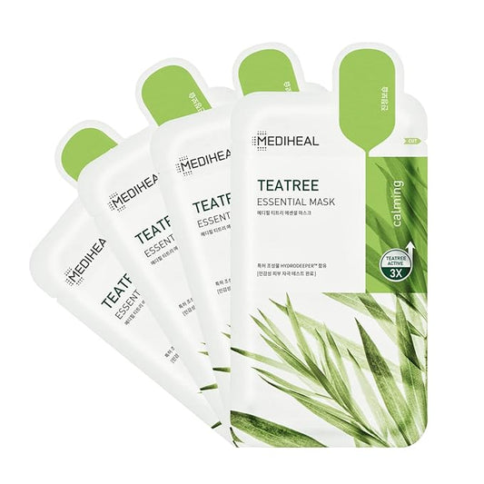 Mediheal Official Best Korean Sheet Mask - Tea Tree Essential Face Mask 4 Sheets Skin Soothing Treat Blemishes Sebum Control For All Skin Types