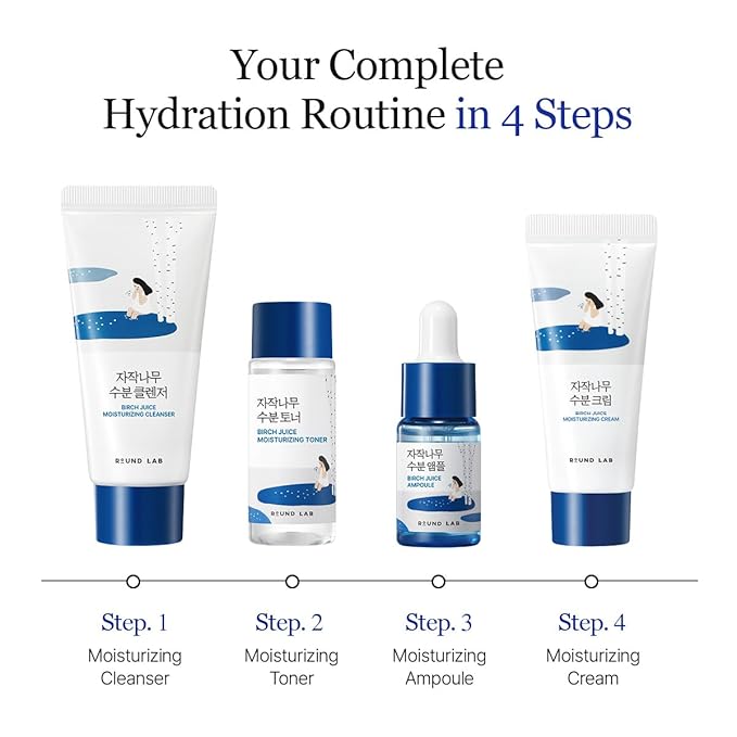 ROUND LAB Birch Juice Moisturizing Mini Kit, 4-Step Travel Size Skincare Set (Cleanser, Toner, Ampoule, Cream) | Korean Moisturizer, Hydrating Routine | Soothing Care for Acne-Prone, Sensitive Skin