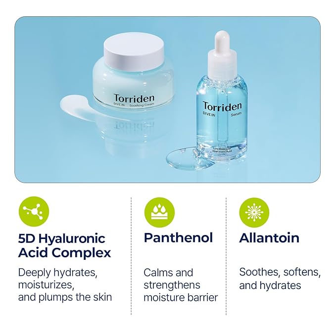 Torriden DIVE IN Serum 1.69 fl.oz. + Soothing Cream (Jar) 3.38 fl.oz. | Hyaluronic Acid Care Set | Deep Hydrating Skin Care to Get Glass Skin