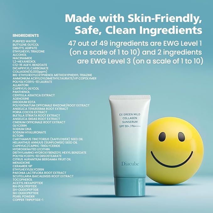 EX Green Mild Collagen Daily Sun Serum, 2.03 Fl Oz SPF 50+ PA++++ | No White Cast | Lightweight Sunscreen Moisturizer | Skin-Friendly, Safe, Clean Ingredients | Lotion-Like Texture | K-Beauty