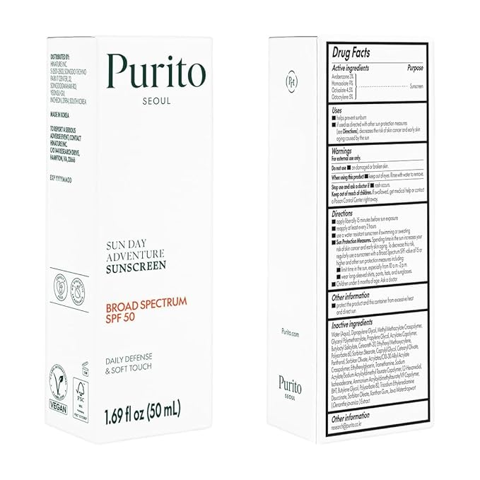 PURITO Sun Day Adventure Korean Sunscreen Smoothest and Lightest Texture Broad Spectrum SPF 50 UVA & UVB Protection No White Cast Oil Free For All Skin Types Vegan Daily Skin Care 50ml, 1.69 fl.oz