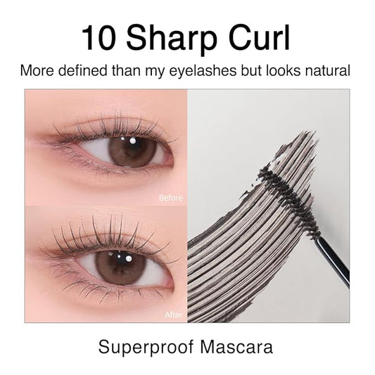 CLIO Kill Lash Superproof Mascara, Waterproof Mascara Black, Lifting Defined Natural Eyelash, Volumizing, Long-Lasting, Clump & Smudge-Free, for Sensitive Eyes, Korean Makeup Beauty (010 Sharp Curl)
