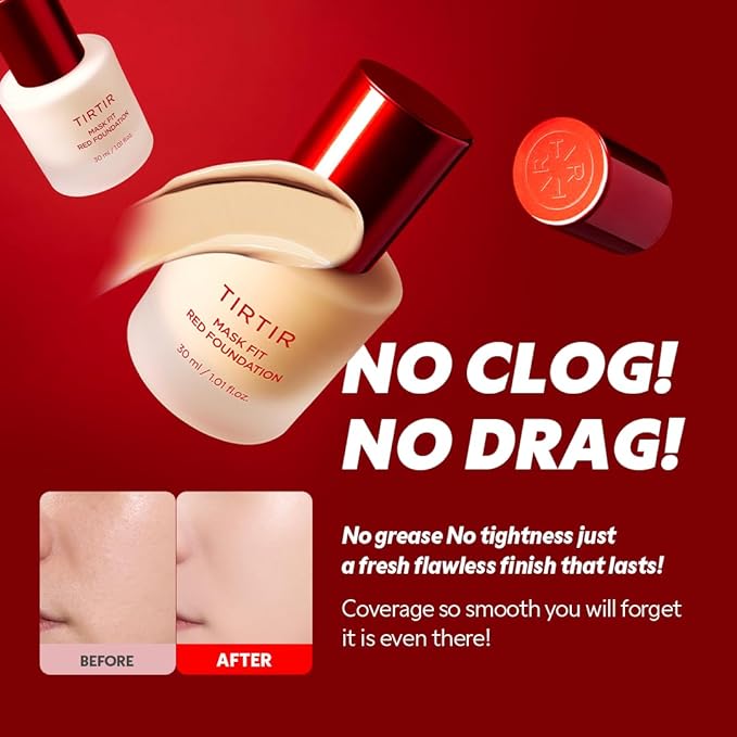 TIRTIR Mask Fit Red FoundationㅣLong Lasting Flawless Coverage, Energy Essence, Lightweight, Hydrating, Pore-Blurring, Breathable Satin Finish, Makeup, Radiant Skin, #13N Fair Ivory, 1.01 Fl Oz