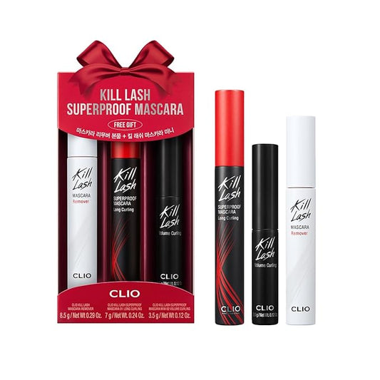 CLIO Kill Lash Superproof Mascara Holiday Gift Set, Long-Lasting & Volumizing, Waterproof, Clmup & Smudge-Free, Stocking Stuffers, Korean Beauty (001 Long Curling + 002 Volume Curling(Mini) +Remover)
