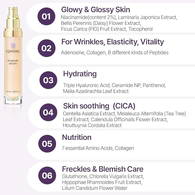 Ampoule Facial Serum 1.69 fl oz for Glowy Skin, Hydrating, Wrinkles, Dark spot, Fleckles & Blemish/Hyaluronic Acid, Vitamin C, Collagen, Peptide, Niacinamide/Natural Herb Scent/Korean