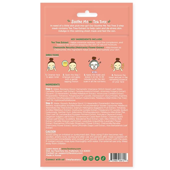 FACETORY K Beauty Face Mask Skin Care - Soothe Me Tea Tree 2-Step Sheet Mask with Tea Tree Extract & Chamomile + Soothing Ampoule | Skin Calming, Acne Clearing (10 Pack)