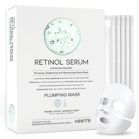 Rejuvenating Retinol Sheet Mask Korean Vegan Wrinkle Lifting, Plumping and Moisturizing Sheet Mask, Retinol, Ceramide, Hyaluronate 10EA