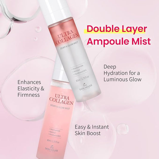The Skin House Ultra Collagen Dewy & Glow Ampoule Mist I Retinol, Niacineamide, Adenosine| Glowy Collgen Ampoule & Double Layer Mist Spray I Korean Skincare [80ml/ 2.70 fl.oz]