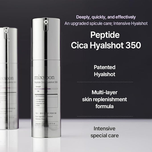 mixsoon Peptide Cica Hyalshot 350, 1.01 Fl. Oz / 30ml Centella Asiatica, Hyaluronic Acid for Sensitive Skin Lightweight & Fragrance-Free Korean Glass Skin Care