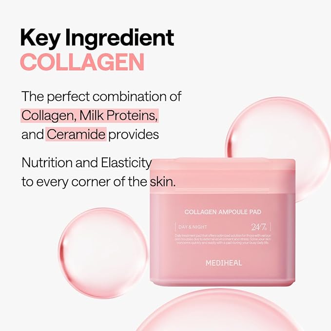 MEDIHEAL Collagen Ampoule Facial Toner Pads - Collagen & Ceramide - Skin Firming & Restore Elasticity & Deep Hydration - Tighten Wrinkles & Lines - Vegan Eco Silk Fabric, 100 Pads