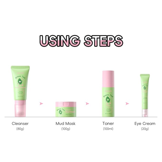 Green Tea Skin Care Set, Korean Style Facial Skincare Products, Routine Skin Care for Teens, Gift Set with Toner, Facial Cleanser, Clay Mask, Eye Cream, GUASHA Broad, Face Wash Brush & Headband