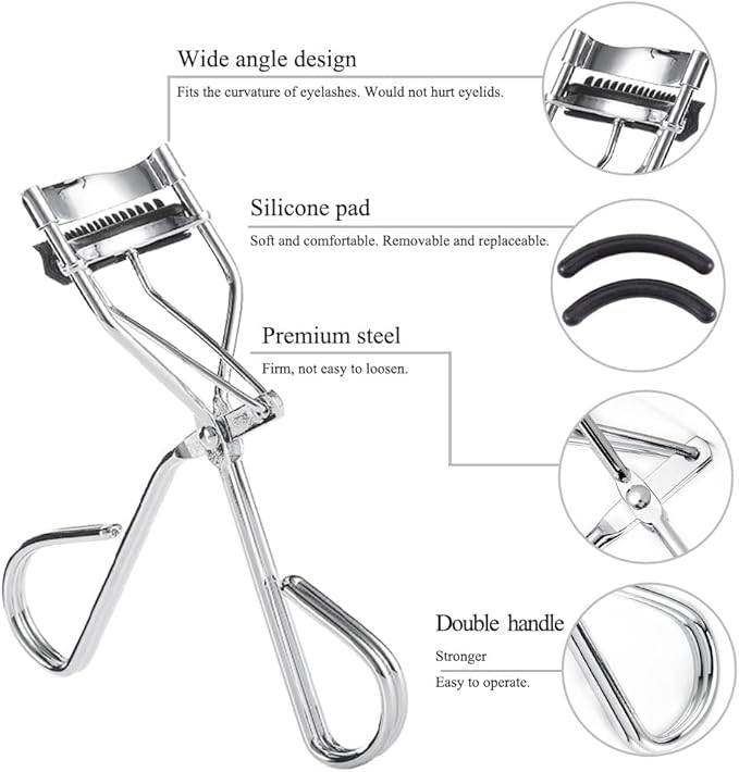 Uranian Eyelash Curlers with Built-in Comb Beauty Eyelashes Curlers Eyelash Cliper with 2 Replacement Silicone Refill Pads Premium Lash Curler Makeup Tool for Women (3 Silver-Black Comb)