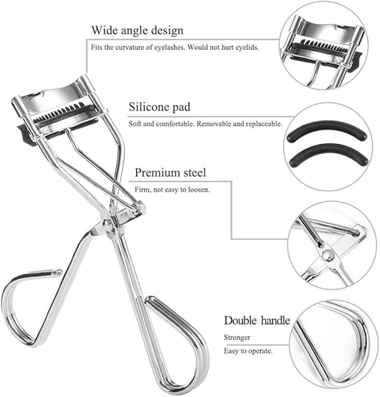 Uranian Eyelash Curlers with Built-in Comb Beauty Eyelashes Curlers Eyelash Cliper with 2 Replacement Silicone Refill Pads Premium Lash Curler Makeup Tool for Women (3 Silver-Black Comb)