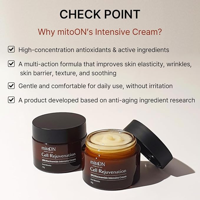 Mito-on Cell Rejuvenation Anti-Aging Cream, 50g / 1.76 oz - 10% Niacinamide, Vitamin B3 and Antioxidants, EGF + Volufiline for Wrinkle Reduction, Elasticity Improvement, Moisturizer, Korean Skin Care