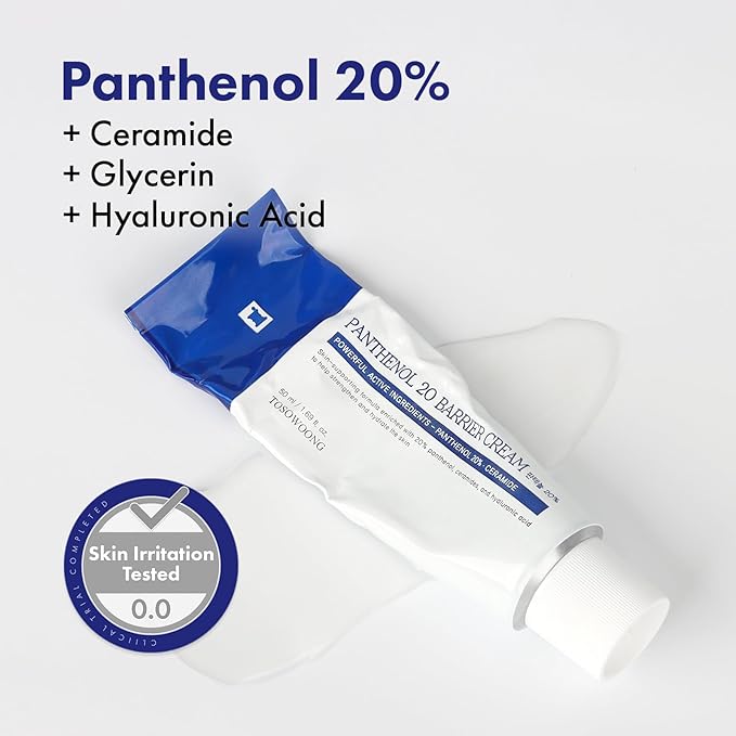 TOSOWOONG Panthenol 20 Barrier Cream, Daily Skin Barrier Care with 20% Panthenol, Ceramides, Hyaluronic Acid, Deep Hydration, Face Moisturizer, Korean Skincare for All Skin Types, 50ml / 1.69 fl. oz.