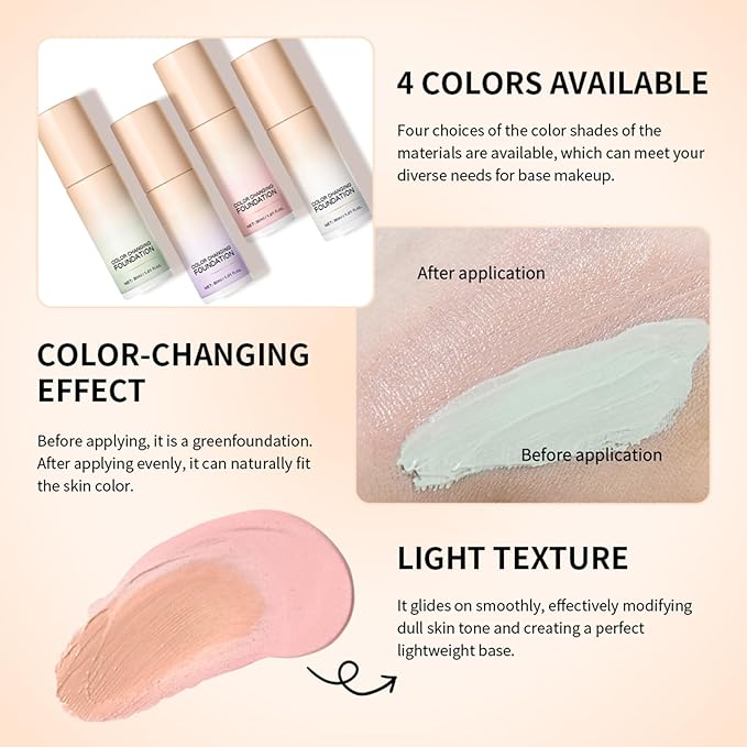 Purple Color Changing Foundation, Color Correcting CC Cream with Centella, Improve Dull Skin Tone, Lightweight Non-Greasy, Hydrating, Sheer Coverage, Natural Finish Concealer(1PCS)