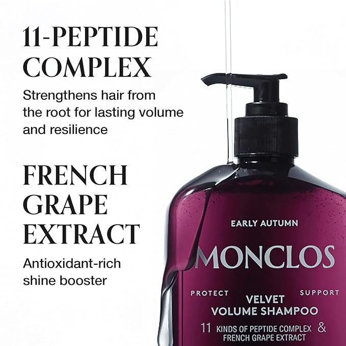 MONCLOS Velvet Shampoo (16.9 fl oz) - Volume Shampoo for Fine and Thinning Hair. Sulfate-Free, Peptide-Infused Formula for Soft, Shiny Hair, and Root Volumizing