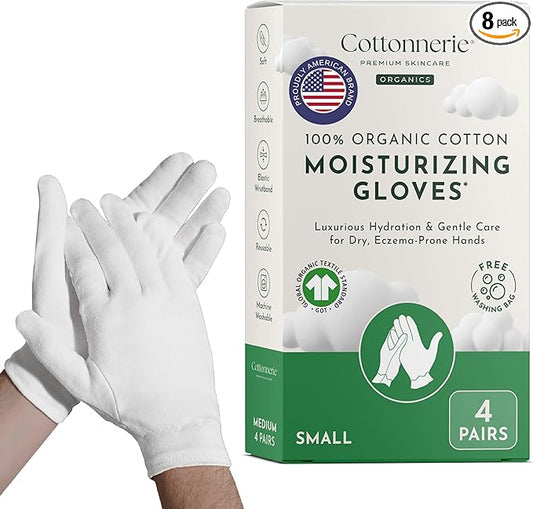 4 Pairs Cottonnerie Organic Cotton Gloves for Dry Hands Sleeping, Moisturizing Gloves Overnight, Hand Moisturizer Gloves, Moisture Gloves for Dry Hands Overnight, Sleeping Gloves, Small