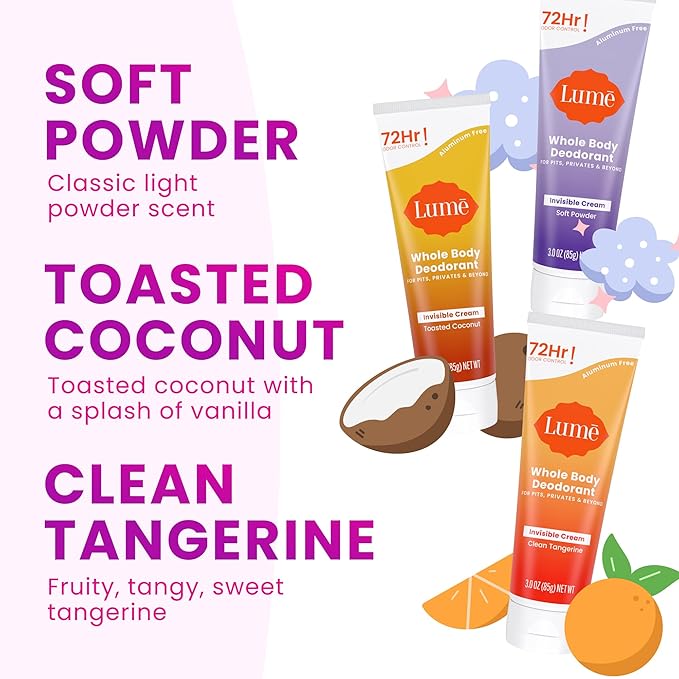 Lume Whole Body Deodorant - Invisible Cream Tube - 72 Hour Odor Control - Aluminum Free, Baking Soda Free, Skin Safe - 3.0 ounce (Pack of 3) (Toasted Coconut, Soft Powder & Clean Tangerine)