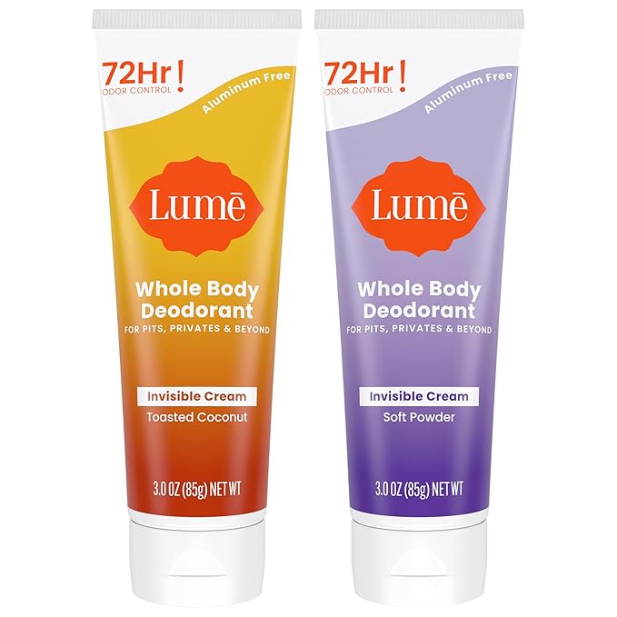 Lume Whole Body Deodorant - Invisible Cream Tube - 72 Hour Odor Control - Doctor Developed - Aluminum Free, Baking Soda Free and Skin Loving - 3.0 Ounce, Pack of 2 (Soft Powder & Toasted Coconut)