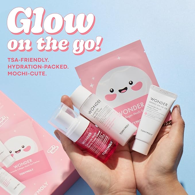 TONYMOLY Wonder Ceramide Mochi Essentials 4-Piece Skincare Set – Travel Toner, Cleanser, Cream & Eye Patches, Hydrating Korean Skincare Kit