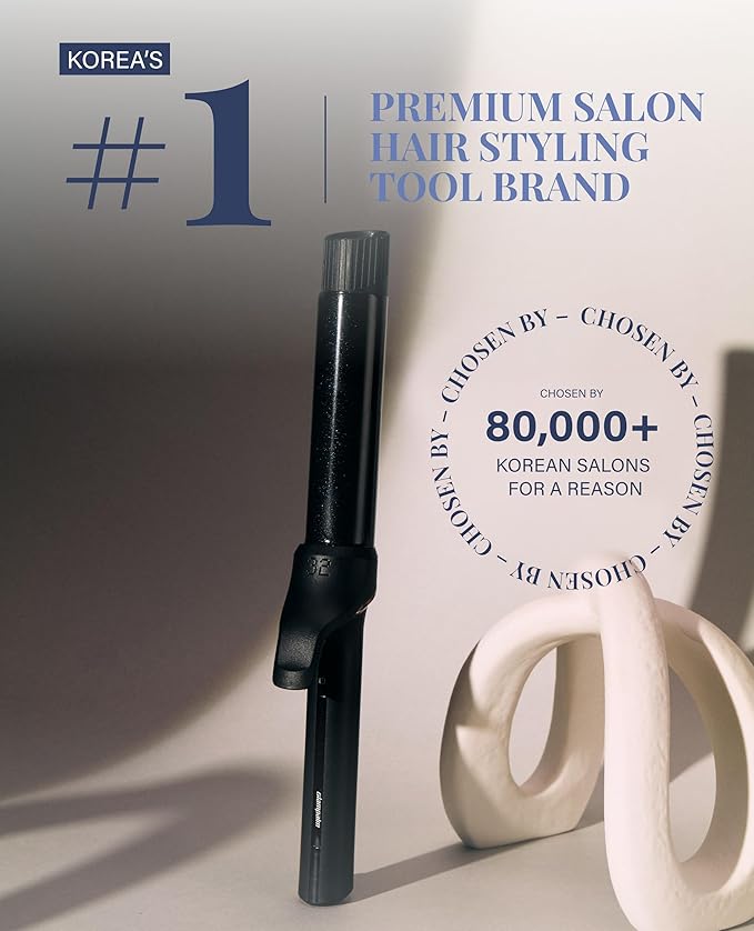 GLAMPALM Professional Curling Iron 1.6" - Long Barrel Ceramic Hair Curler for Women, Korea's No.1 Salon Hot Tool, 5 Temps & 30s Heat-up, 3D Swivel Cord & Dual Voltage, Black (GP628) (1.6")