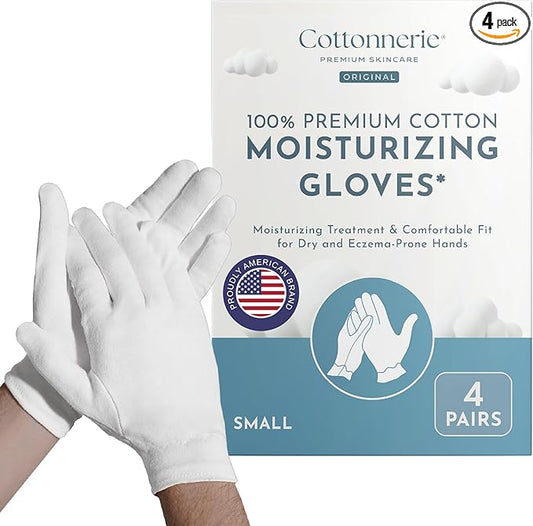 4 Pairs Cottonnerie Original Cotton Gloves for Dry Hands Sleeping, Moisturizing Gloves Overnight, Hand Moisturizer Gloves, Moisture Gloves for Dry Hands Overnight, Sleeping Gloves, Small