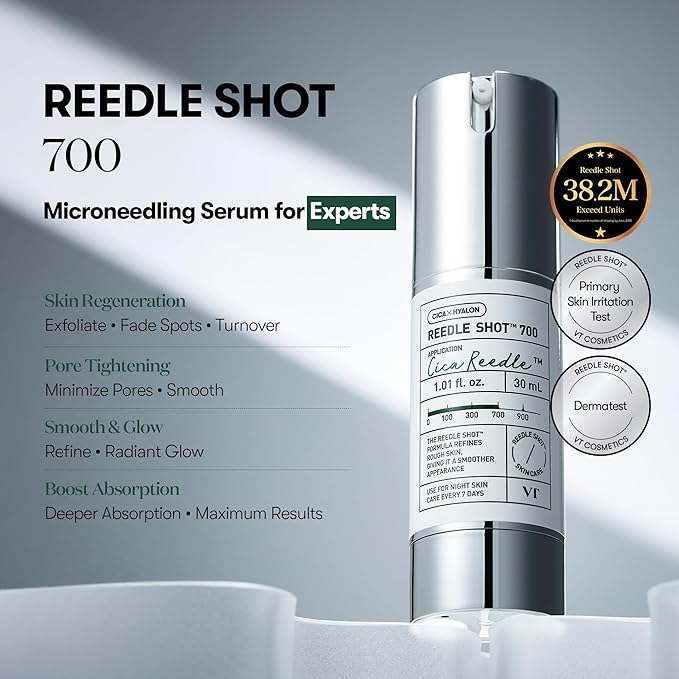 VT COSMETICS CICA Reedle Shot 700, Spicule Microneedling Serum for Pore Care&Exfoliation, Exosome&Centella Asiatica for Glass Skin, Acne&Blemish Care, Korean Liquid Skin Booster (1 Fl Oz / 30ml)