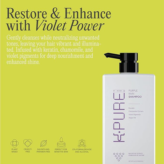 Rev320 Purple Rain Keratin Shampoo by K-Pure, Sulfate & Paraben Free, Anti-Brass Purple Shampoo for Blonde, Silver, and Gray Hair, Deep Hydration & Frizz Control for Color Treated and Damaged Hair
