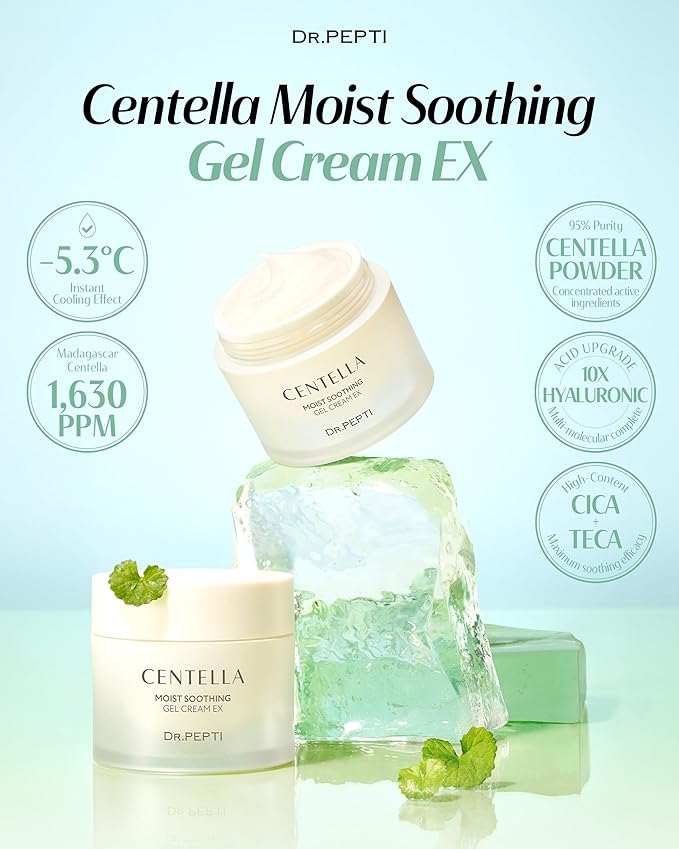 dr.pepti Centella Moist Soothing Gel Cream EX - Korean Face Moisturizer Cooling Hydrating for Sensitive Irritated Skin - Hyaluronic Acid Peptides Ceramide Makeup Booster Cream, 2.37 fl.oz