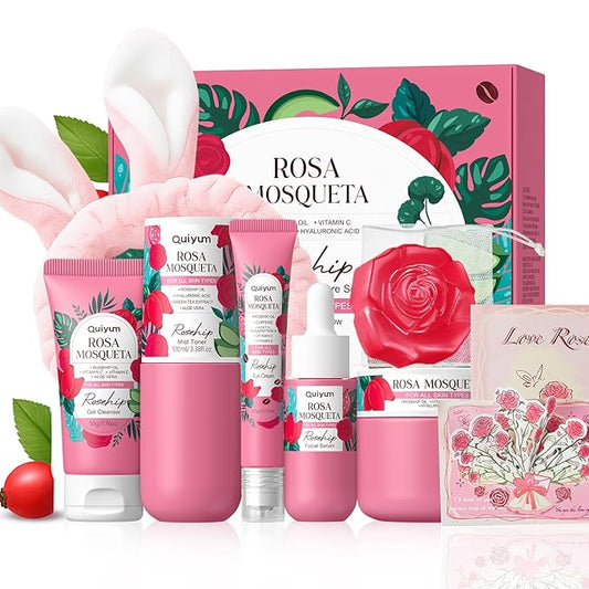 Rosehip Skin Care Sets, Gift Sets for Women, 6 Daily Routine Beauty Skincare- with Face Cleanser, Toner, Eye Cream, Cream, Serum, Handmade Soap, Facial Skin Care Product for Travel