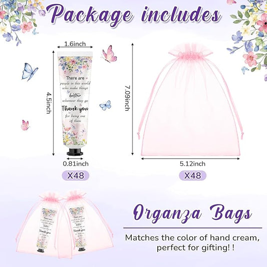 48 Sets Appreciation Thank You Hand Cream Bulk Baby Shower Favors Gifts Bridal Thank You Hand Cream for Guests Travel Size Lotion with Organza Bags