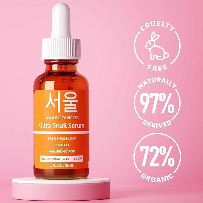 SeoulCeuticals Korean Skin Care 97.5% Snail Mucin Serum – K Beauty Skincare Anti Wrinkle Cica Night Serum Hyaluronic Acid for Face 1oz