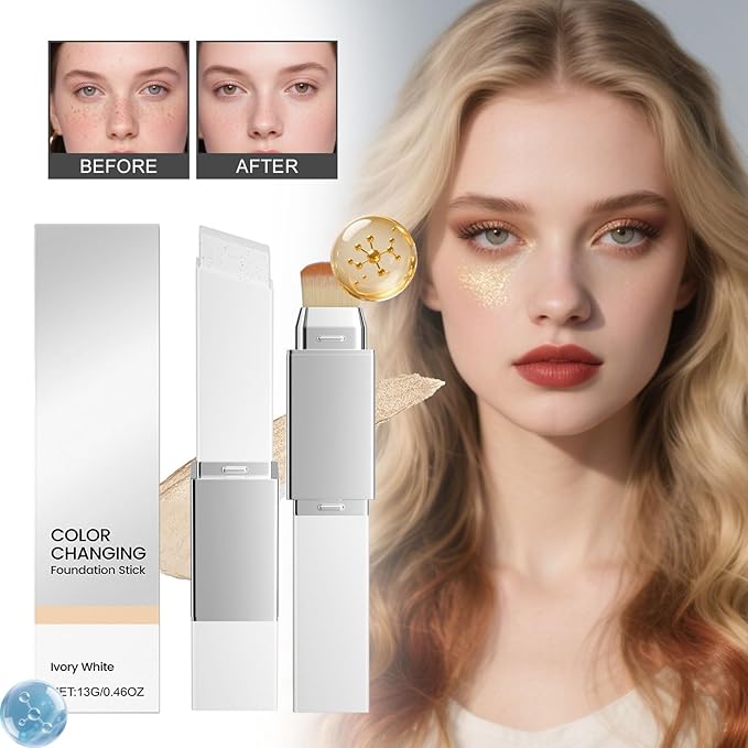 New Blanc Cover Cream Stick V - Color Changing Foundation Stick - Hydrating Concealer Base Makeup, Dual-Ended with Built-in Brush, Portable for Daily Use (Ivory White)