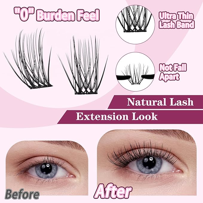 Natural Wispy Lash Clusters Kit 10-18mm Mix D Curl DIY Extension Eye Lashes False Wispy EyeLash Cluster with Bond & Seal, Glue Remover, Tweezers(U14)