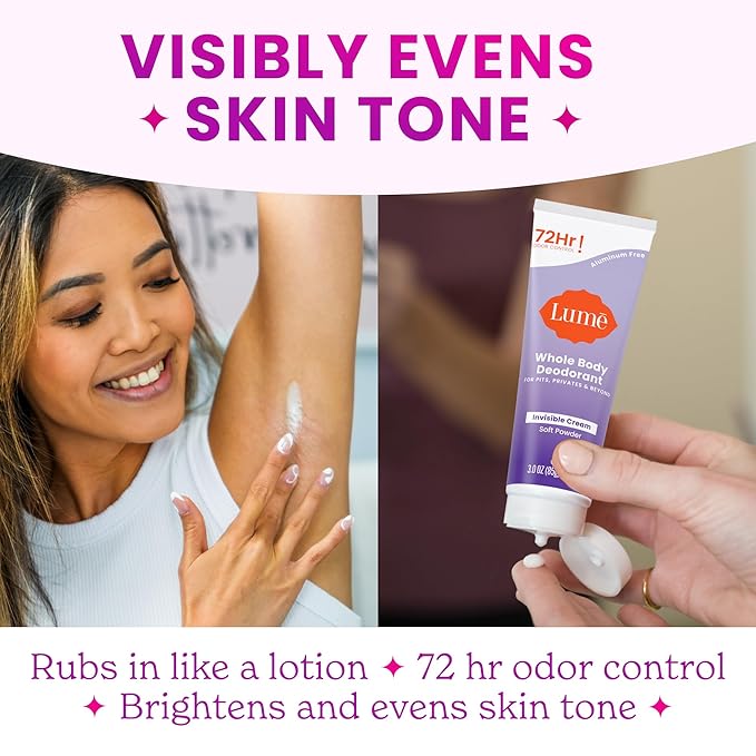 Lume Whole Body Deodorant - Invisible Cream Tube - 72 Hour Odor Control - Aluminum Free, Baking Soda Free, Skin Safe - 3.0 ounce (Pack of 3) (Toasted Coconut, Soft Powder & Clean Tangerine)