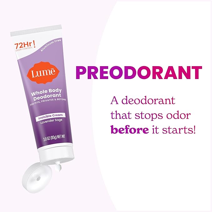 Lume Whole Body Deodorant - Invisible Cream Tube - 72 Hour Odor Control - Aluminum Free, Baking Soda Free, Skin Safe - 3.0 ounce (Lavender Sage)