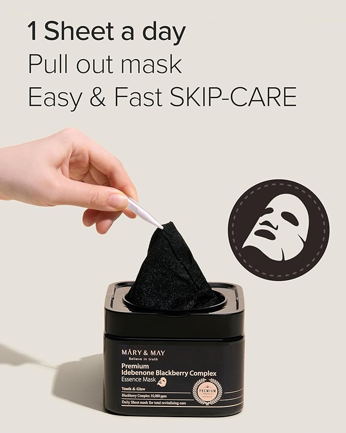 Mary&May Premium Idebenone Blackberry Complex Essence Mask - Quick Dispenser Type Anti Aging Korean Face Mask Sheet - Vitamin C, Panthenol, and Ceramide for Moisturizing and Radiant Skin, 20 Sheets