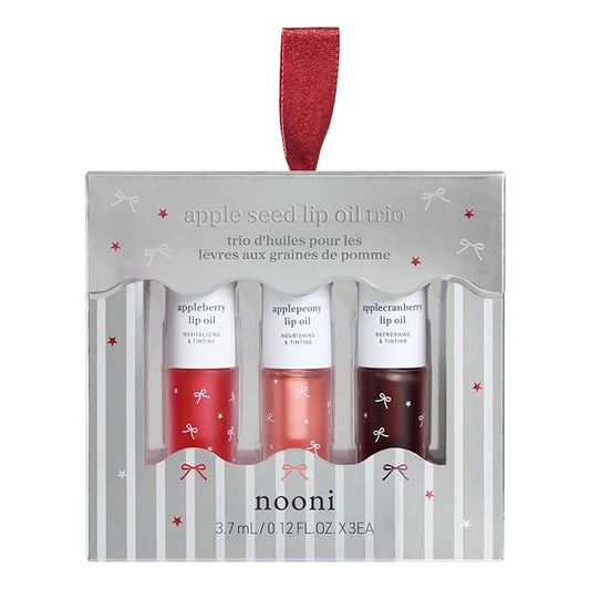NOONI Korean Lip Oil Gift Set - Appleseed Lip Oil Trio | 2025 Holiday Ribbon Limited Edition, Korean Lip Stain, Long Lasting Hydration, Moisturizing, Plumping, Stocking Stuffers, 0.12 Fl. Oz. x 3ea