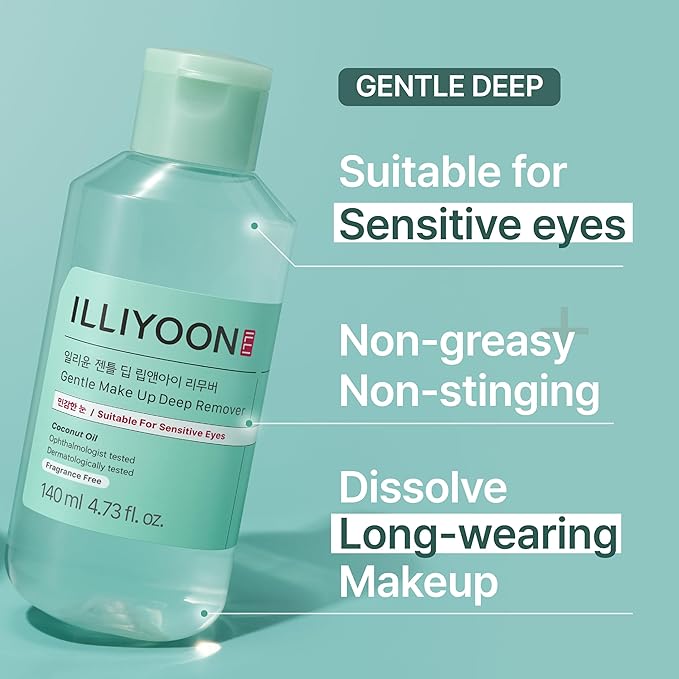 Illiyoon Gentle Deep Eye Makeup Remover | for Waterproof Mascara, Lipstick, Eyeliner, Non-Greasy 2-Phase Oil & Water Formula, Ophthalmologist Tested, Vegan, Korean Skin Care, 4.73 fl.oz.