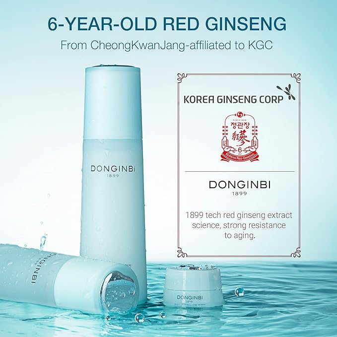 Donginbi Hydra Bounce Skin Care Set - Hydrating Toner(5.07 floz), Korean Red Ginseng Essence(4.4 floz), Firming Cream, and Face Moisturizer with Hyaluronic Acid, Korean Skin Care Gifts for Women