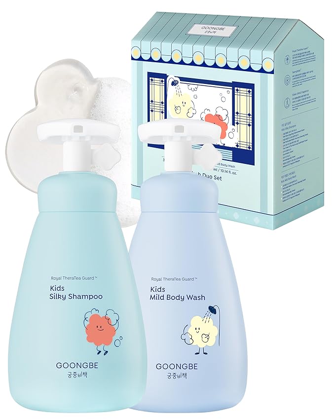 GOONGBE Kids Wash Duo Set - Korean Low pH Silky Shampoo & Mild Body Wash - Silicone-Free Hair Care & Micellar Body Cleanser - Allergen-Free Formula for Sensitive Skin, 10.1 fl.oz. & 10.1 fl.oz.