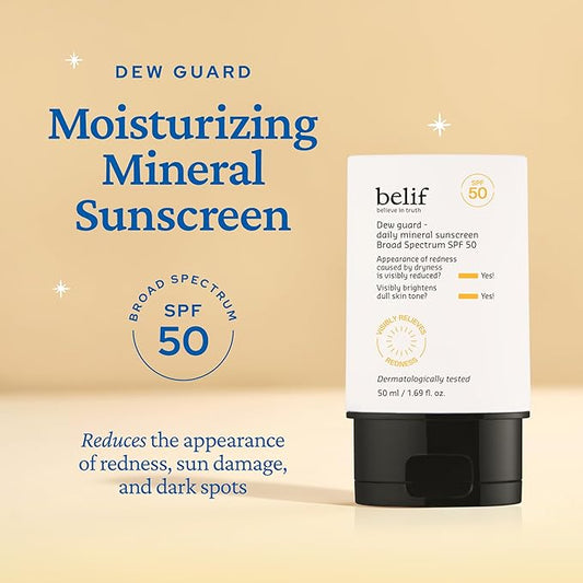 belif Dew Guard - Daily Mineral sun SPF 50 Hydrating Niacinamide Sunscreen (1.69 fl. oz) - Daily Broad Spectrum, Reduces Redness, No-White Cast, Non-Greasy, Korean Skincare
