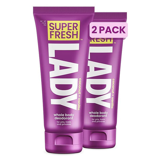 Super Fresh Lady Whole Body Deodorant for Women Twin Pack Aluminum Free Lotion for Privates Body and Skinfolds Stops Odor Coconut Vanilla Scent Feminine Hygiene Two 4 oz Tubes for Daily Use