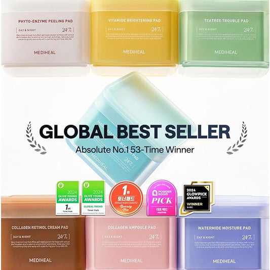 MEDIHEAL Collagen Ampoule Facial Toner Pads - Collagen & Ceramide - Skin Firming & Restore Elasticity & Deep Hydration - Tighten Wrinkles & Lines - Vegan Eco Silk Fabric, 100 Pads