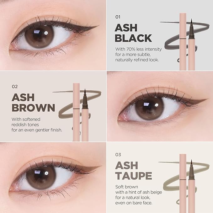 lilybyred AM9 to PM9 Survival Penliner Natural | Korean Soft Ash Tone Liquid Eyeliner, 0.1mm Ultra-Fine Brush, Quick-Dry, Smudge-Proof, Layerable Ash Pigment, Buildable Color, 0.035 oz. (01 Ash Black)