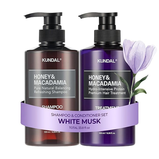 KUNDAL Korean Shampoo and Conditioner Set [White Musk] Salon-quality, Long Lasting Scent, Moisturizing, Sulfate-Free, Argan & Macadamia Oil, Korean Hair care, For all hair types, 16.9 fl oz each